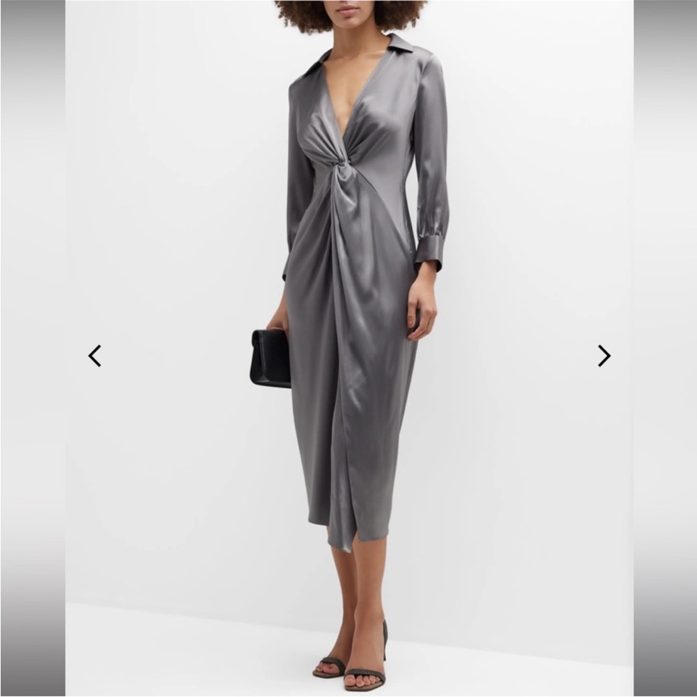 THEORY Twist Front Soft Satin Collared Midi Dress in Metallic Gray